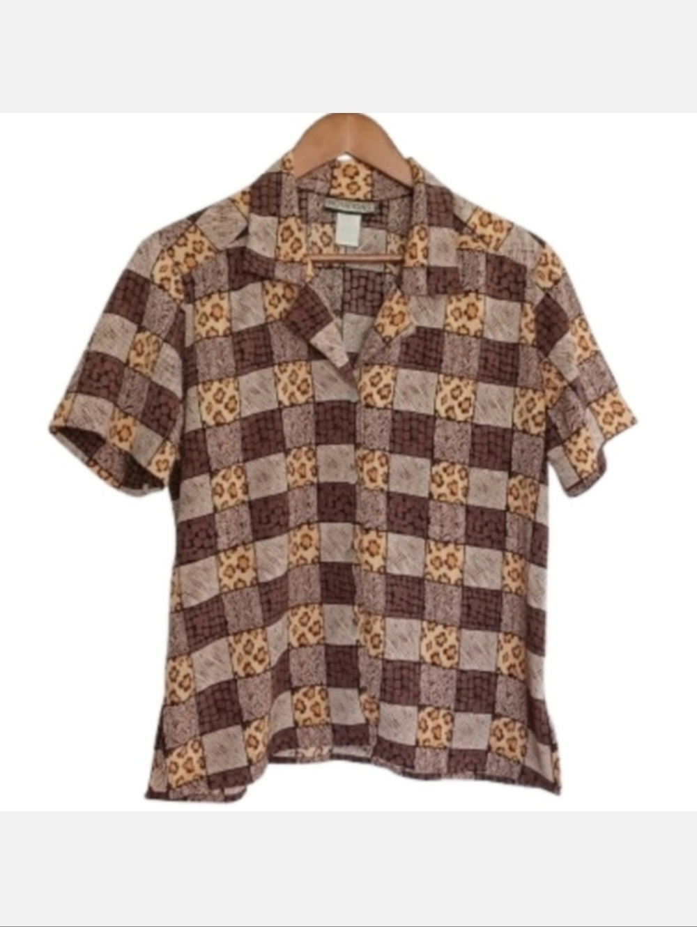 Brown and Cream Checkered Cheetah Print Womens Button Front Shirt Size Small